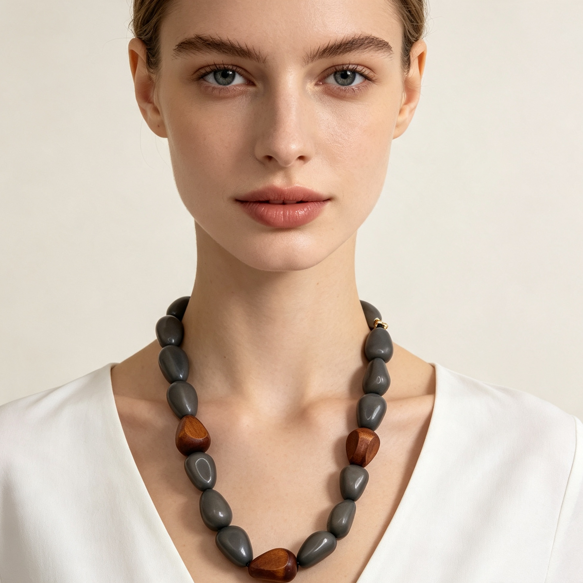 Collar de cuentas irregulares resina y madera, collar grueso boho vintage mayorista B2B, dos colores disponible, accesorios de moda mujer al por mayor|JI JOYA