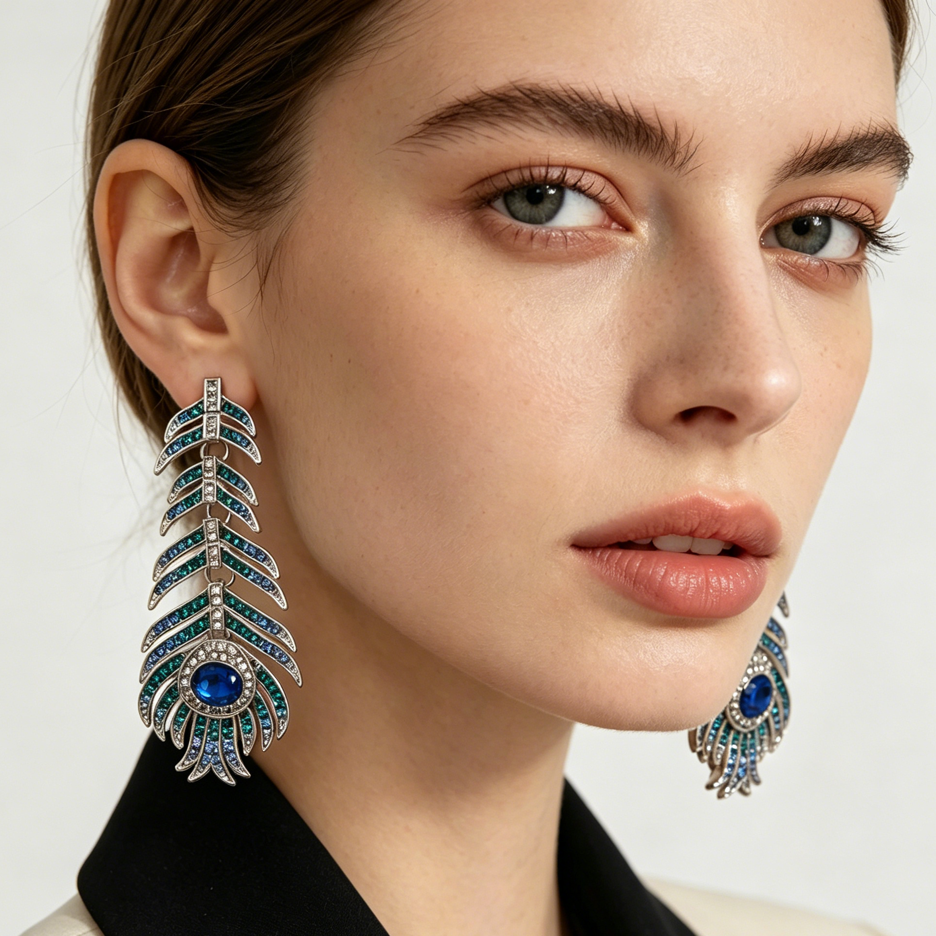 Pendientes de Pluma de Pavo Real con Cristales de Zafiro y Esmeralda - Joyería de Moda al Por Mayor|JI JOYA