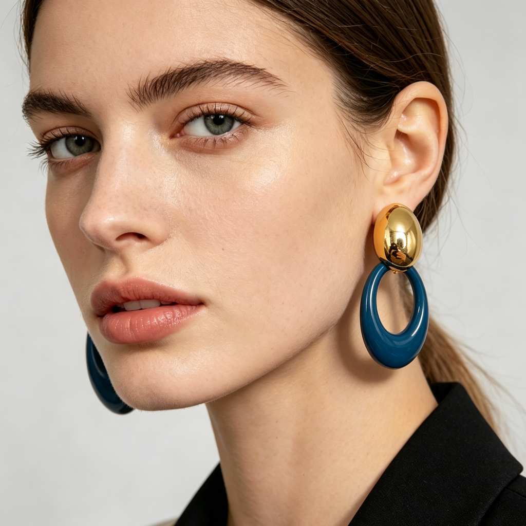 Pendientes Aro Resina Azul Dos Tonos Metal Plata y Oro | Mayorista Accesorios Moda Mujer al Por Mayor|JI JOYA