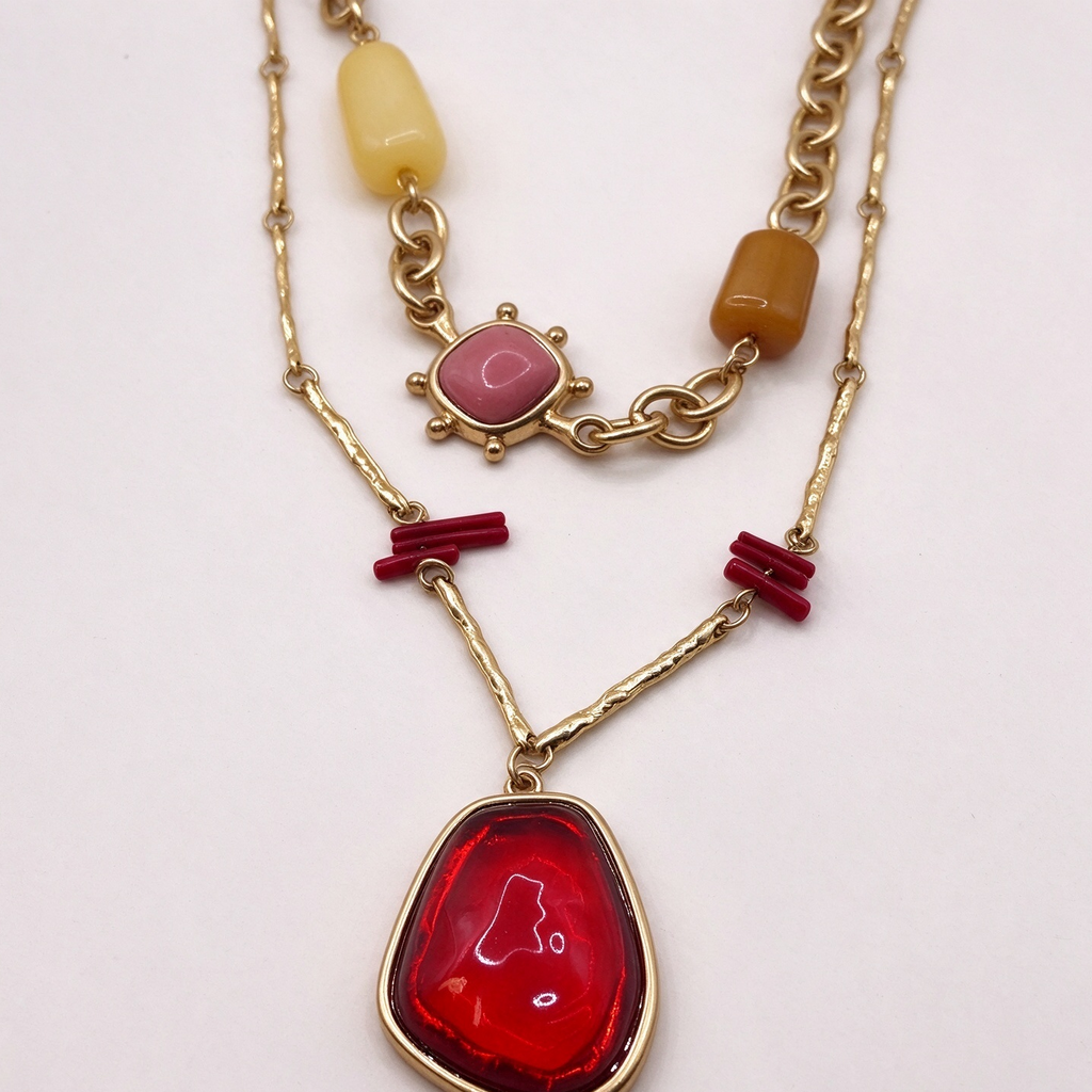 Collar doble de cadena con colgante rojo, joyería de moda al por mayor|JI JOYA