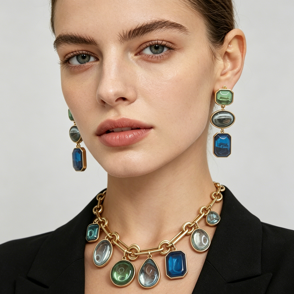 JI JOYA VENTA AL POR MAYOR|Set de Bisutería Vintage Dorada, Gargantilla y Aretes con Gemas en Tonos Azul Verde, Venta al Por Mayor Mayorista