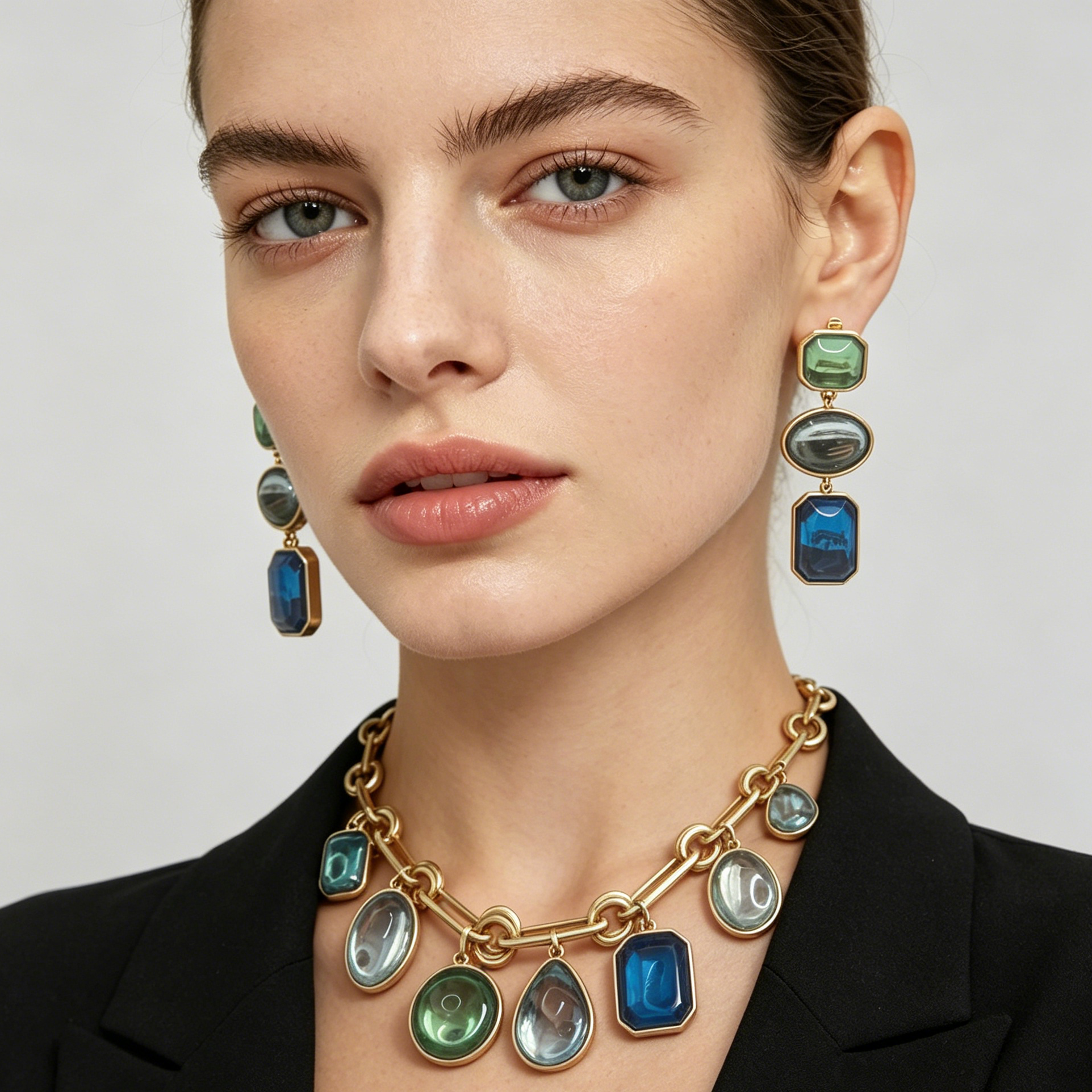 JI JOYA VENTA AL POR MAYOR|Set de Bisutería Vintage Dorada, Gargantilla y Aretes con Gemas en Tonos Azul Verde, Venta al Por Mayor Mayorista