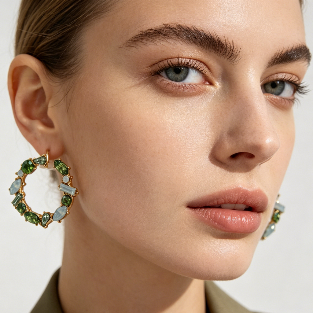 Pendientes Arco C Dorado con Cristal Multicolor, Pendientes Aro Abierto de Piedra Sintética al Por Mayor | Joyería Mayorista JI JOYA