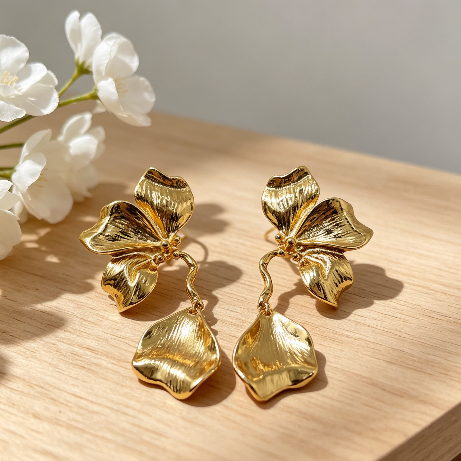 Pendientes Flor Metálicos Bicolor Plata y Oro, Pendientes Colgantes Texturizados al Por Mayor para Mujer, Joyería de Moda al Por Mayor OEM ODM|JI JOYA