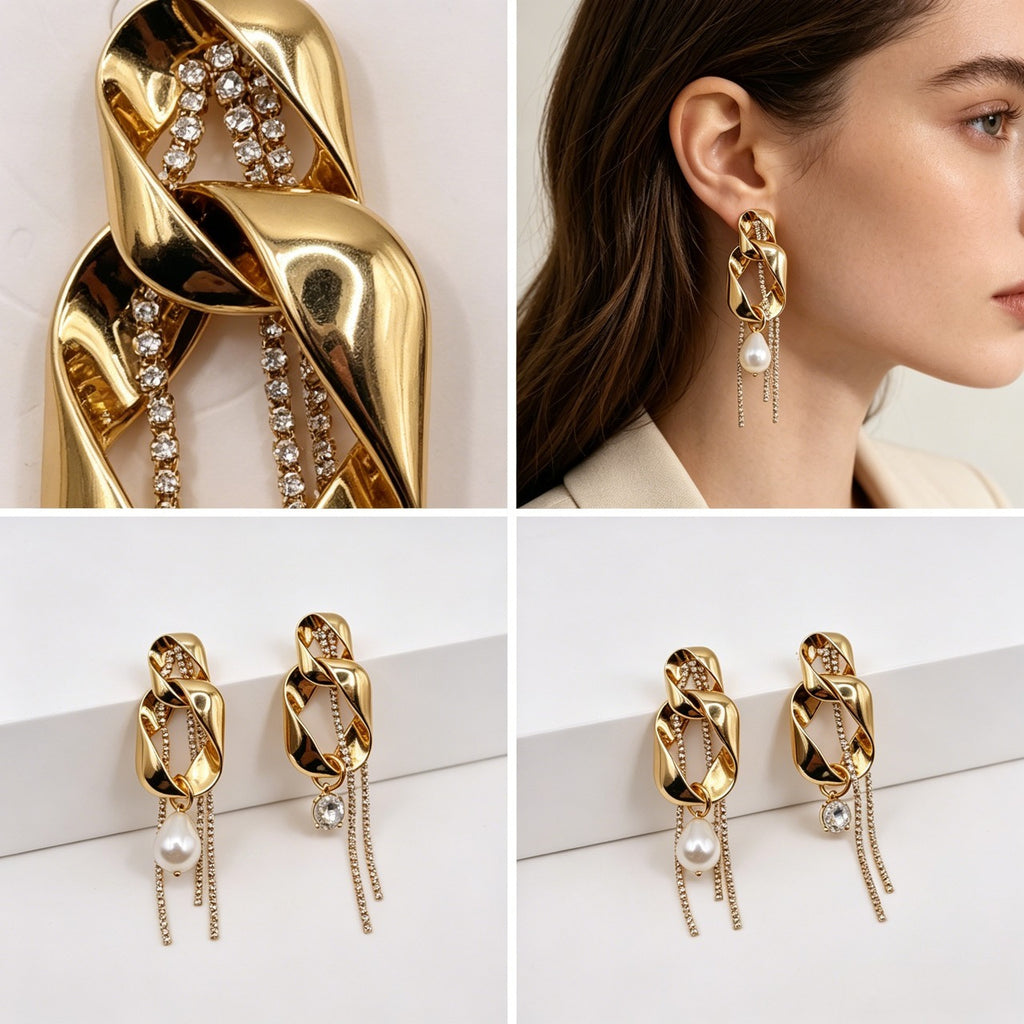 Pendientes Asimétricos Cadena de Cristal con Perla - Oro/Plata al Por Mayor|JI JOYA