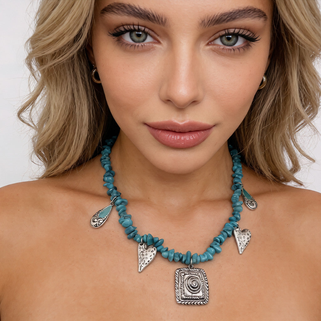 Collar de Piedras Naturales con Colgantes de Plata Estilo Boho Étnico | Joyería Artesanal Vintage