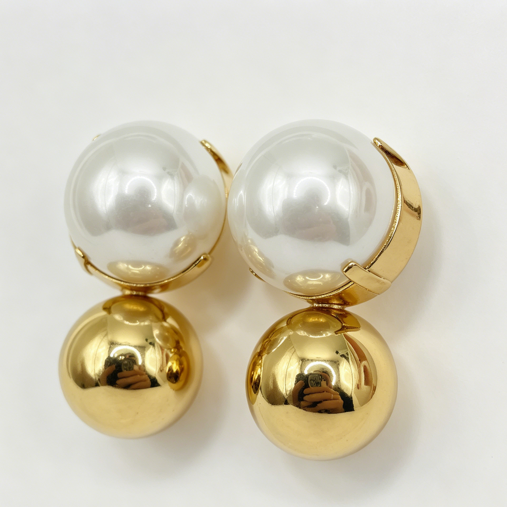 Pendientes de Doble Bola con Perla de Imitación - Dorado y Plateado - Joyería al Por Mayor|JI JOYA