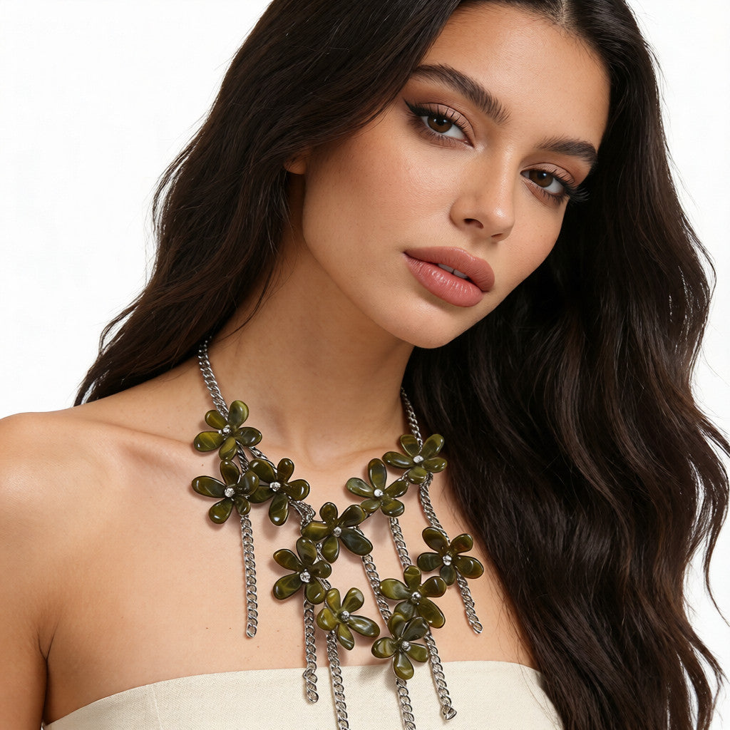 【Amuleto Floral Primaveril】Conjunto de joias com borlas florais retro: colar, brincos e pulseira de design único (conjunto de 3 peças)