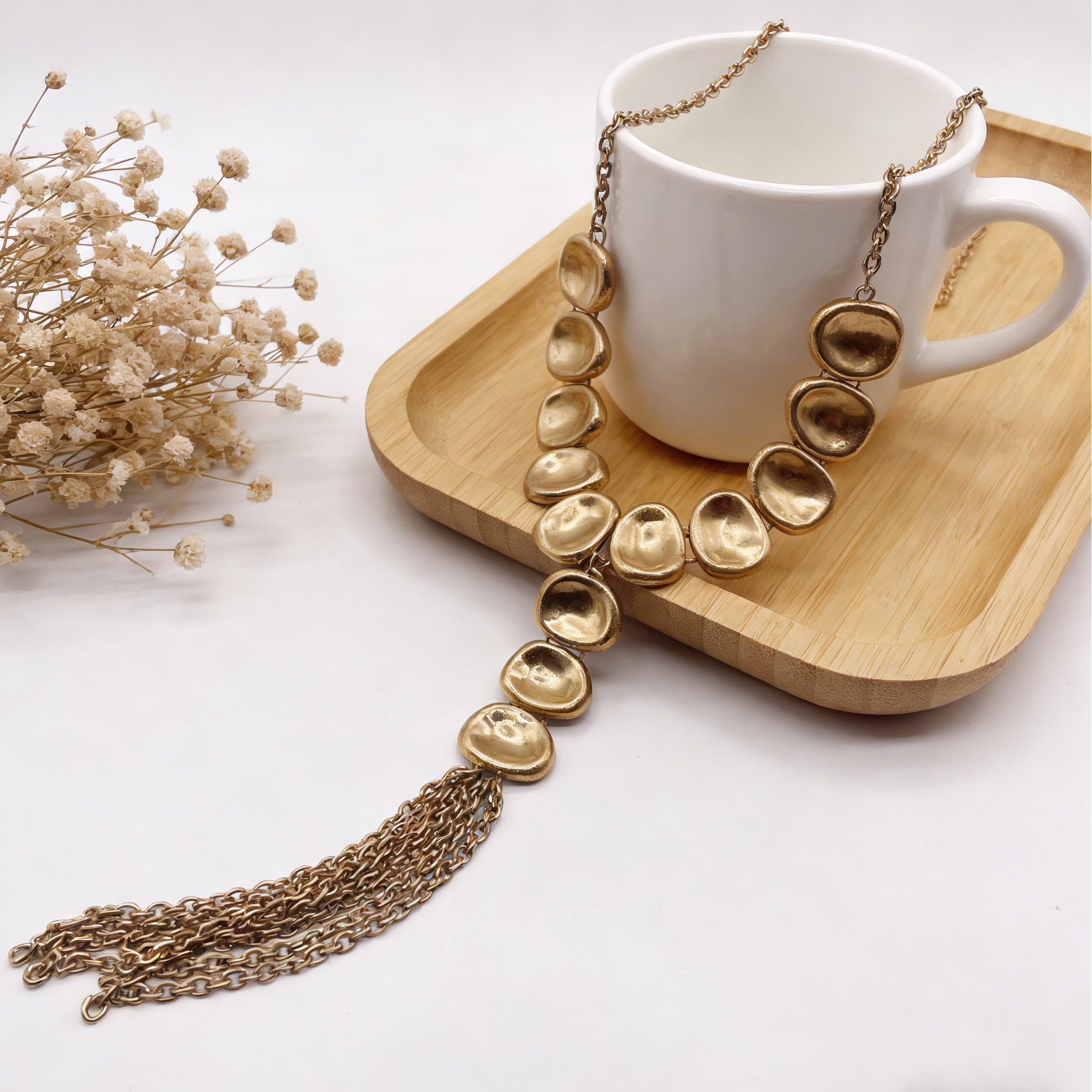 Conjunto de joyas con borlas de plata/dorado | Collar, pendientes y pulsera con disco grueso
