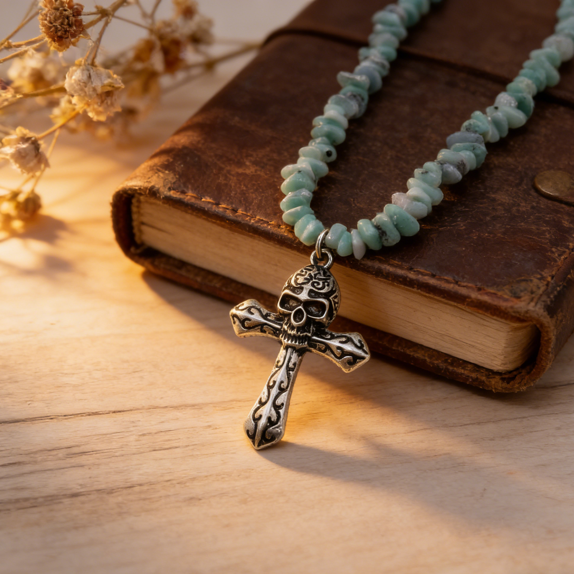 Bohemian Amazonite Cross Necklace - Layered Beaded Pendant with Y2K Grunge Effect