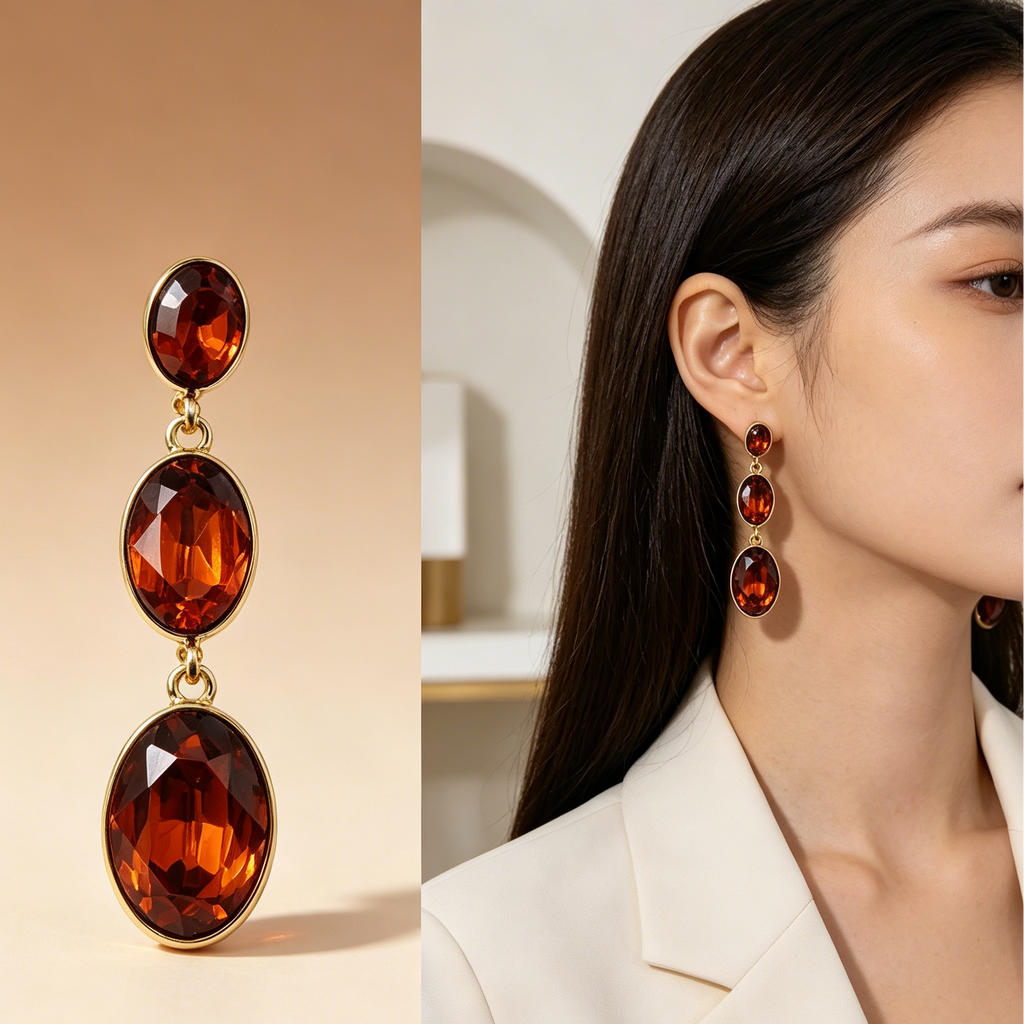 Aretes colgantes de cristal ovalado en 3 colores | Dorado | Joyería mayorista para mujer|JI JOYA