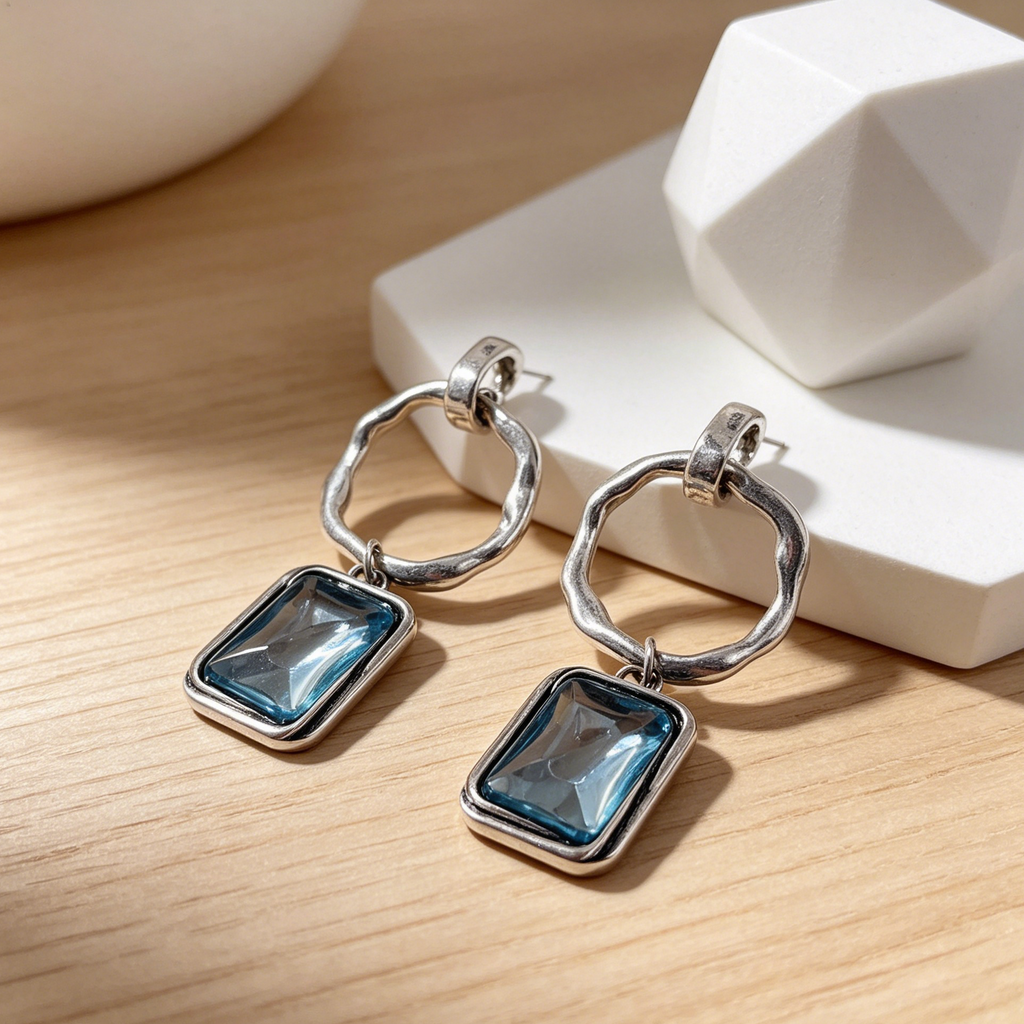 Pendientes Colgantes Aro Irregular con Piedra Rectangular Resina, 3 Colores Oro/Antiguo Plata/Negro, Joyería de Moda al Por Mayor para Mujer|JI JOYA