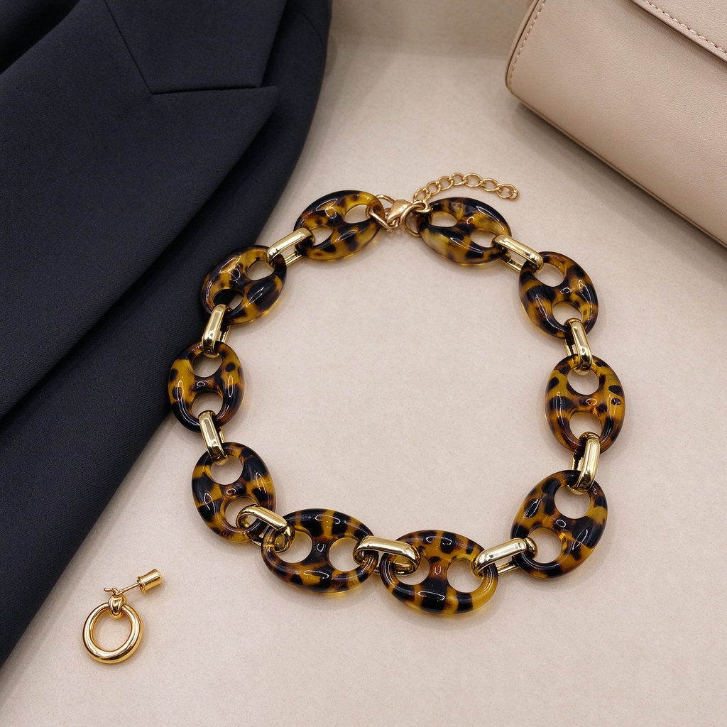 ollar de eslabones resina carey dorado, collar grueso de moda mayorista|JI JOYA