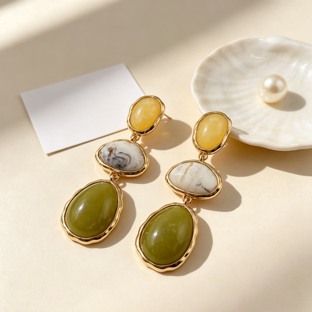Pendientes Colgantes Tres Tonos Piedra Natural Baño de Oro | Venta al Por Mayor JI JOYA