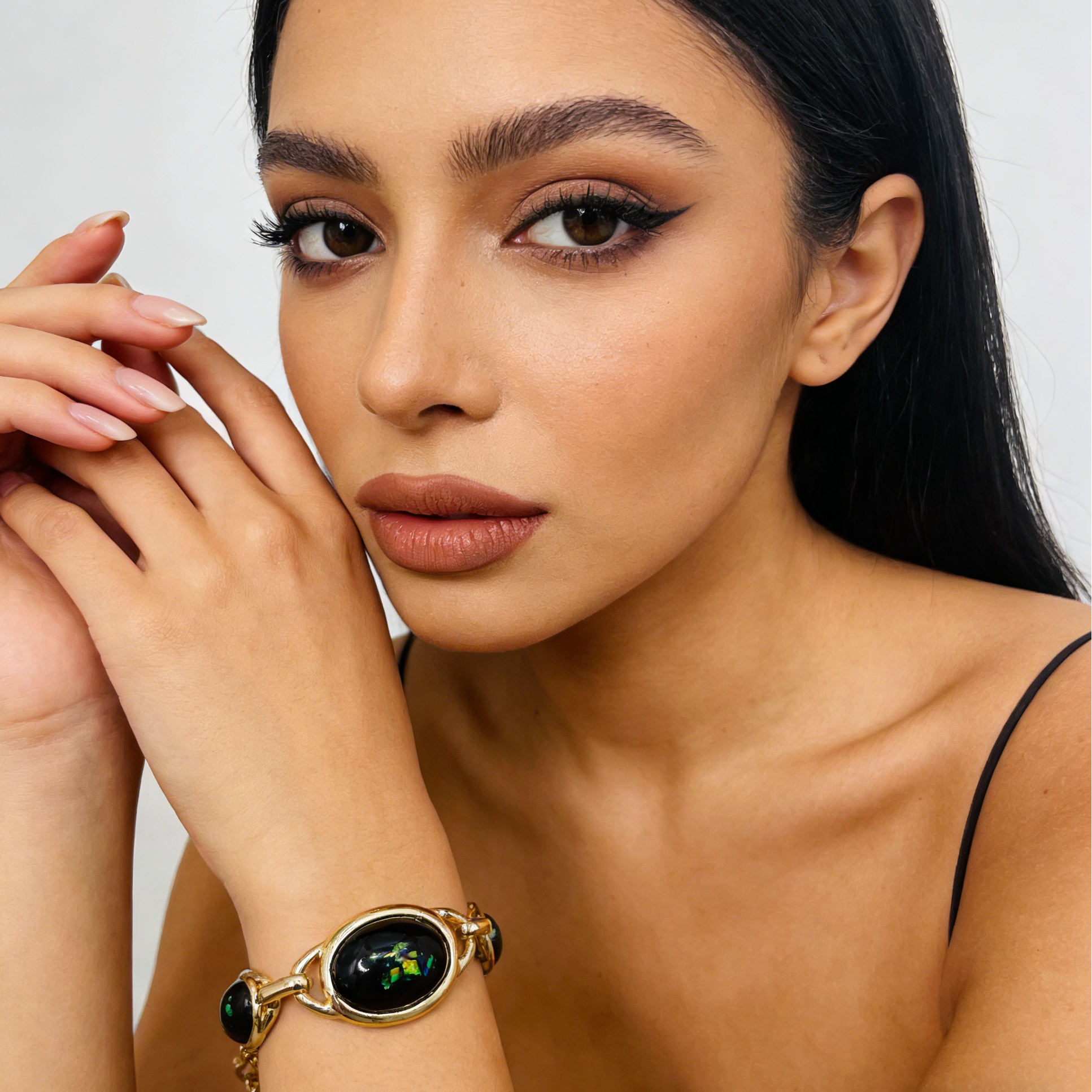 lack Opal Gold Plated Statement Jewelry Set | Dangle Earrings Necklace Bracelet