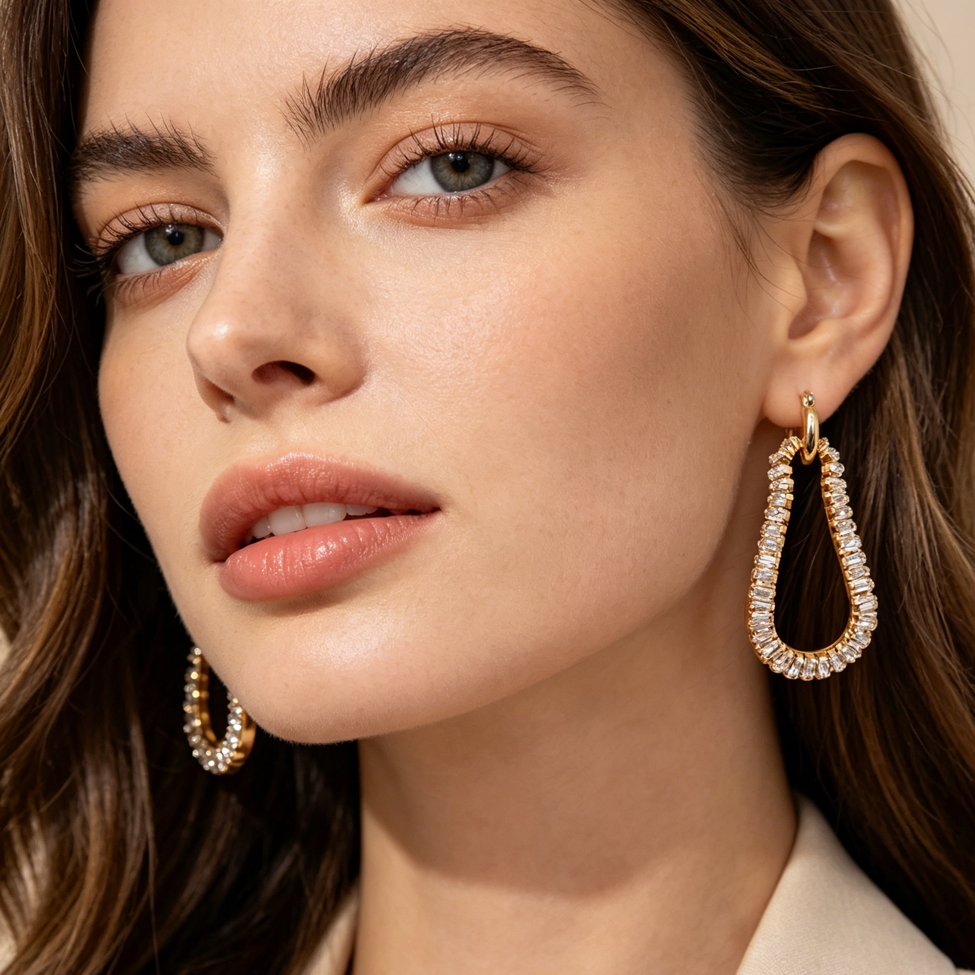 Pendientes Aro Largo Forma Huevo con Piedras Negras/Oro, Pendientes de Cristal Baguette al Por Mayor para Mayoristas y Tiendas de Moda|JI JOYA