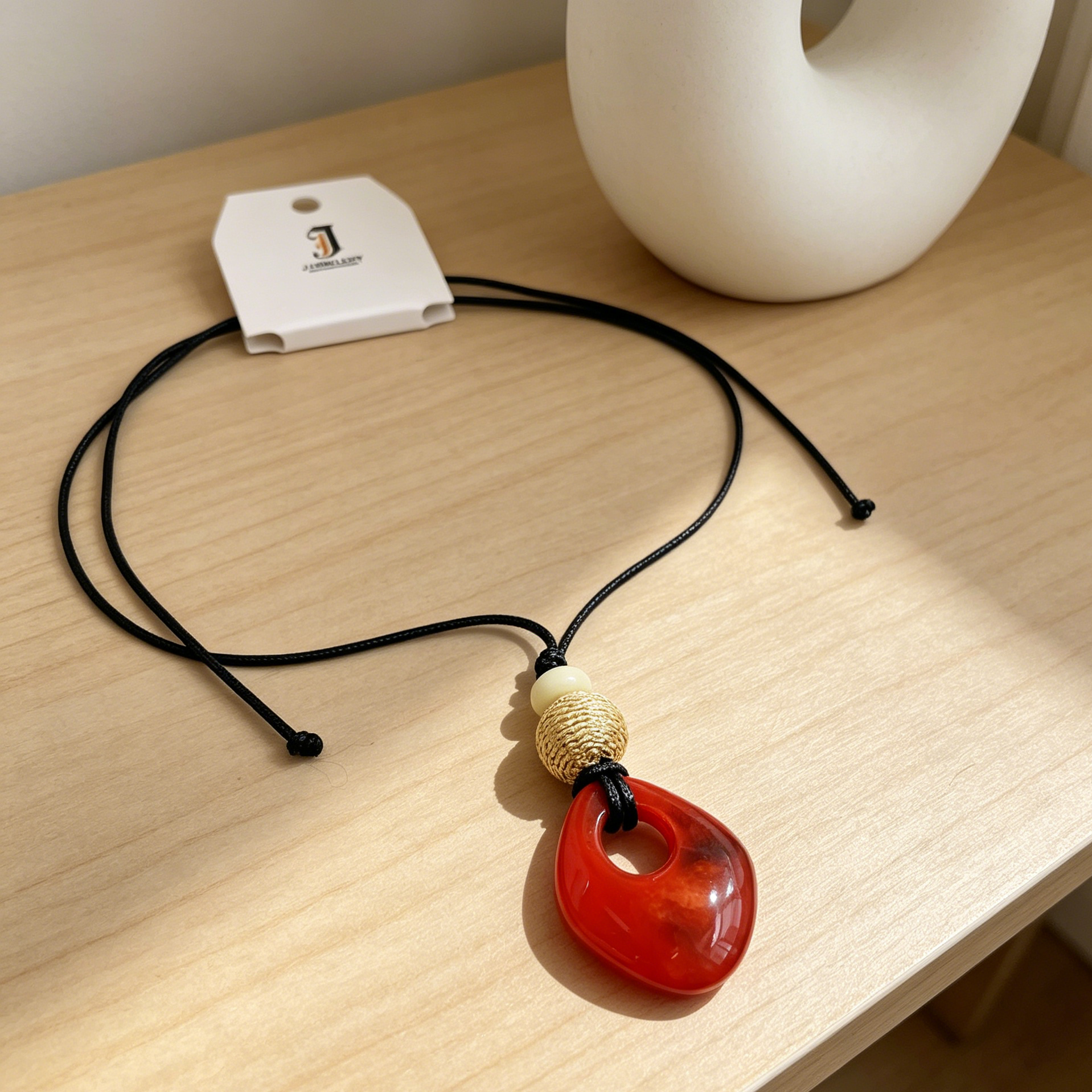 Collar Colgante Piedra Roja Resina, Cordón Ajustable, Mayorista Joyería Moda Mujer|JI JOYA