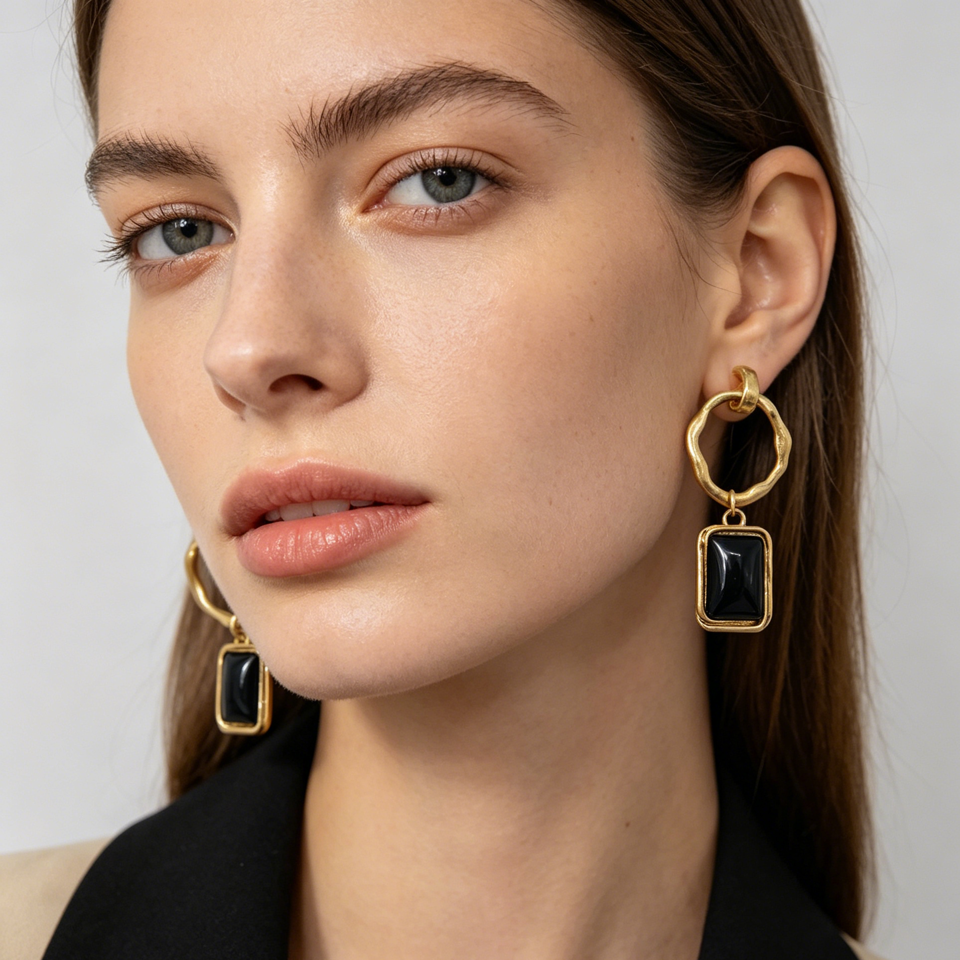 Pendientes Colgantes Aro Irregular con Piedra Rectangular Resina, 3 Colores Oro/Antiguo Plata/Negro, Joyería de Moda al Por Mayor para Mujer|JI JOYA