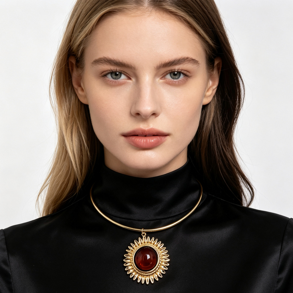 Collar Choker Sol con Piedra Cerrada, Collar de Metal Dorado, Accesorio de Moda al Por Mayor|JI JOYA