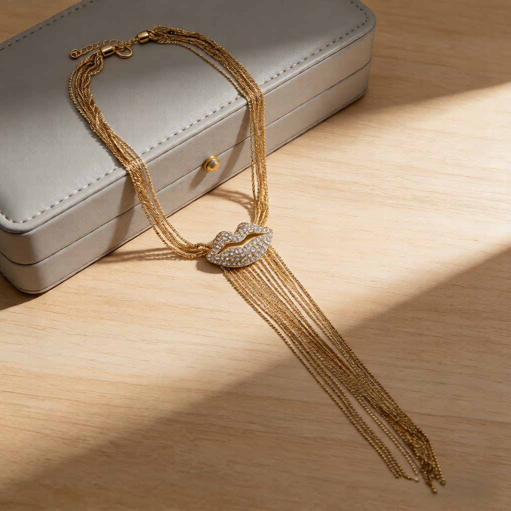 Collar de Labios de Cristal con Flecos Dorados - Joyería de Lujo para Fiesta