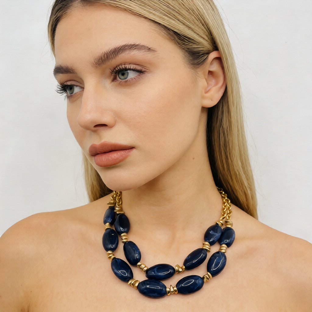 Collar de resina jaspeada azul|marrón ámbar medianoche de doble capa | Joyería llamativa de oro macizo