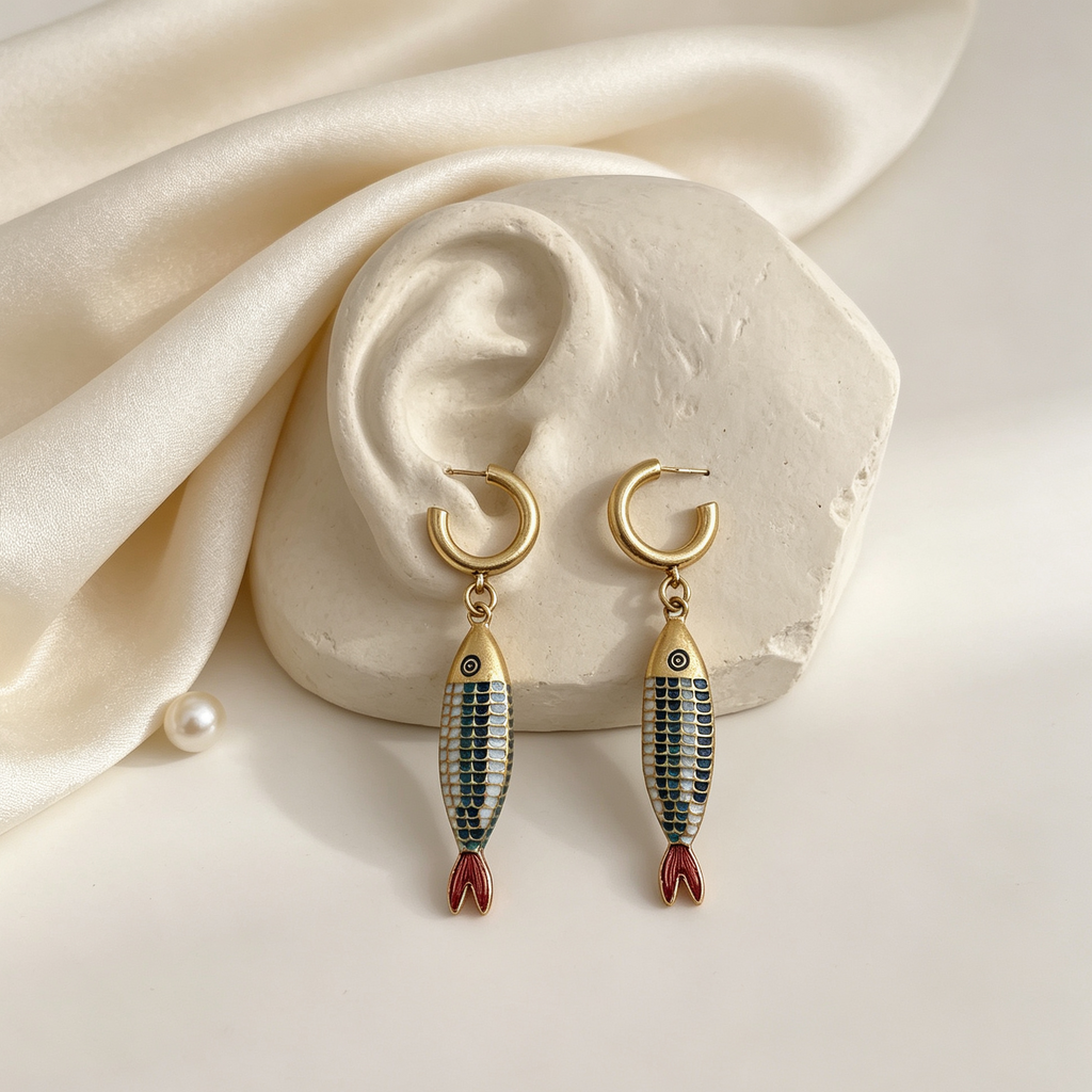 Pendientes Colgantes de Pescado Esmalte, Metal Dorado Envejecido, Diseño Étnico Vintage | Mayorista|JI JOYA