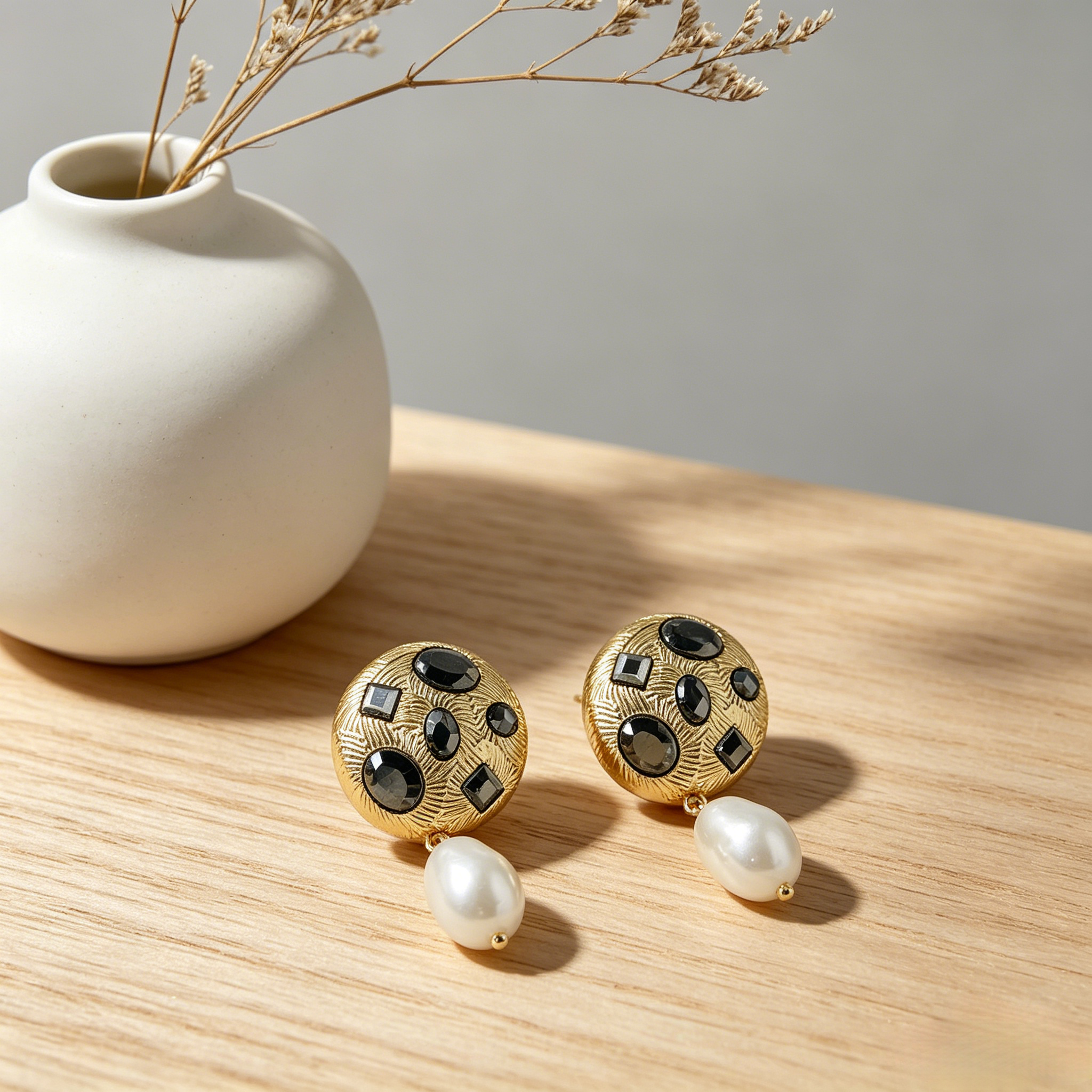 Pendientes de Perla Barroca y Cristales | Venta al Por Mayor | 2 Colores (Oro/Plata) | Diseño Exclusivo|JI JOYA