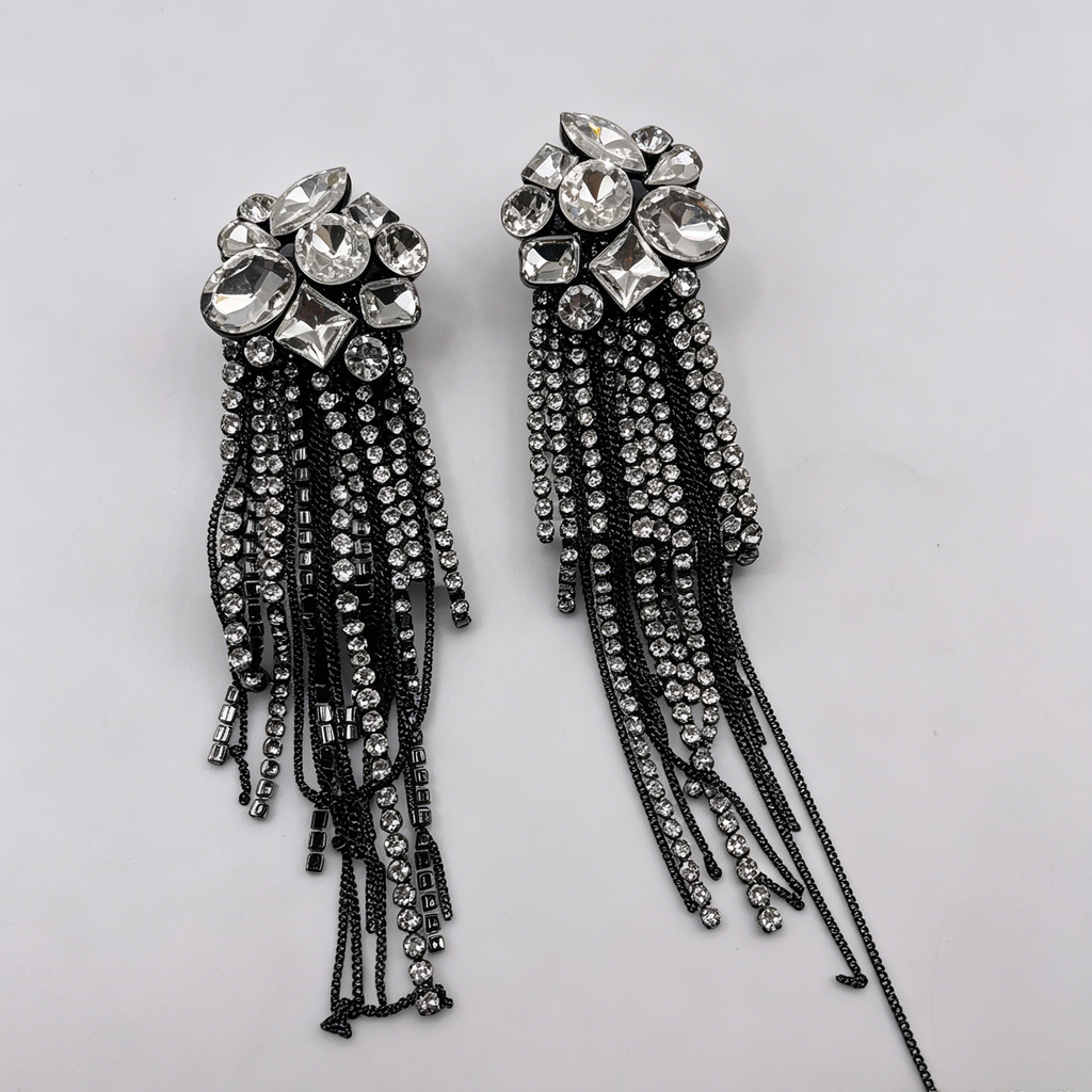 Pendientes Colgantes de Cristal con Flecos Largos | Dorado/Negro | Poste S925 | Joyería de Fiesta al Por Mayor|JI JOYA