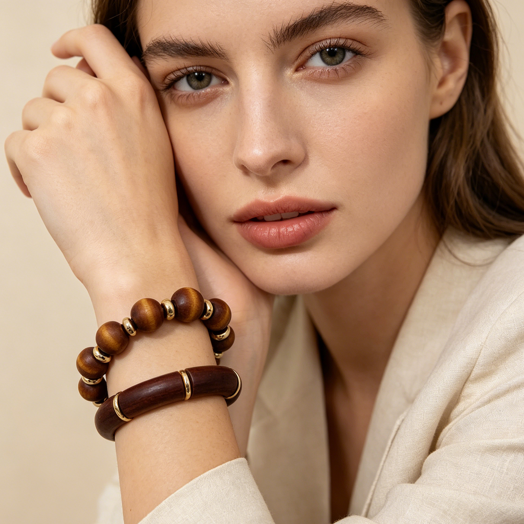 Pulseras de Madera Juego Mayorista, Brazalete Circular de Madera con Aros Dorados + Pulsera Bolas de Madera Accesorio Moda Mujer|JI JOYA