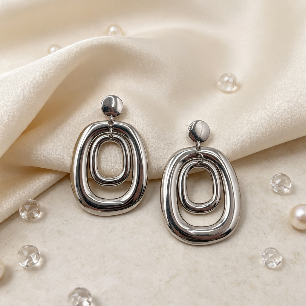 Pendientes geométricos dobles de aro oval, acabado dorado y plateado, joyería al por mayor|JI JOYA