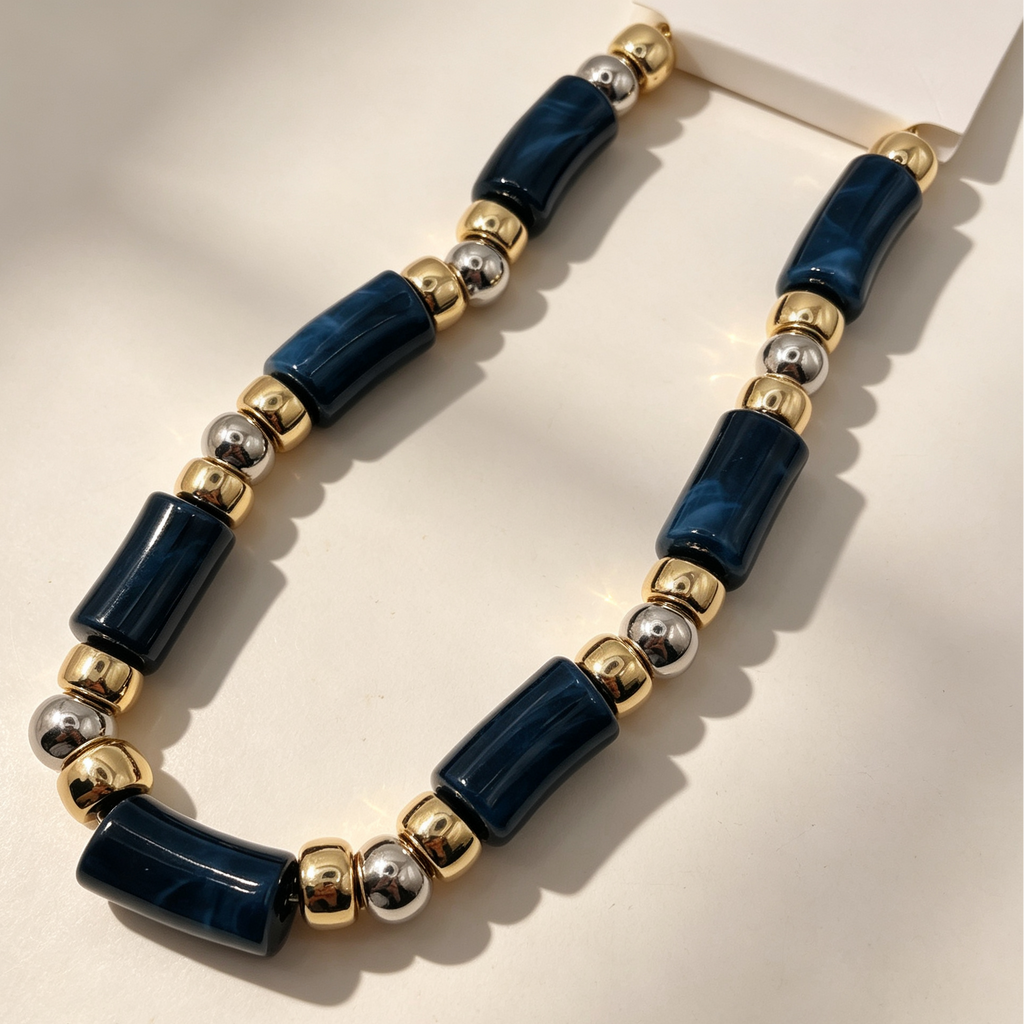 Collar de cuentas cilíndricas azul marino, aleación de zinc dorado y plata, collar de moda mayorista|JI JOYA