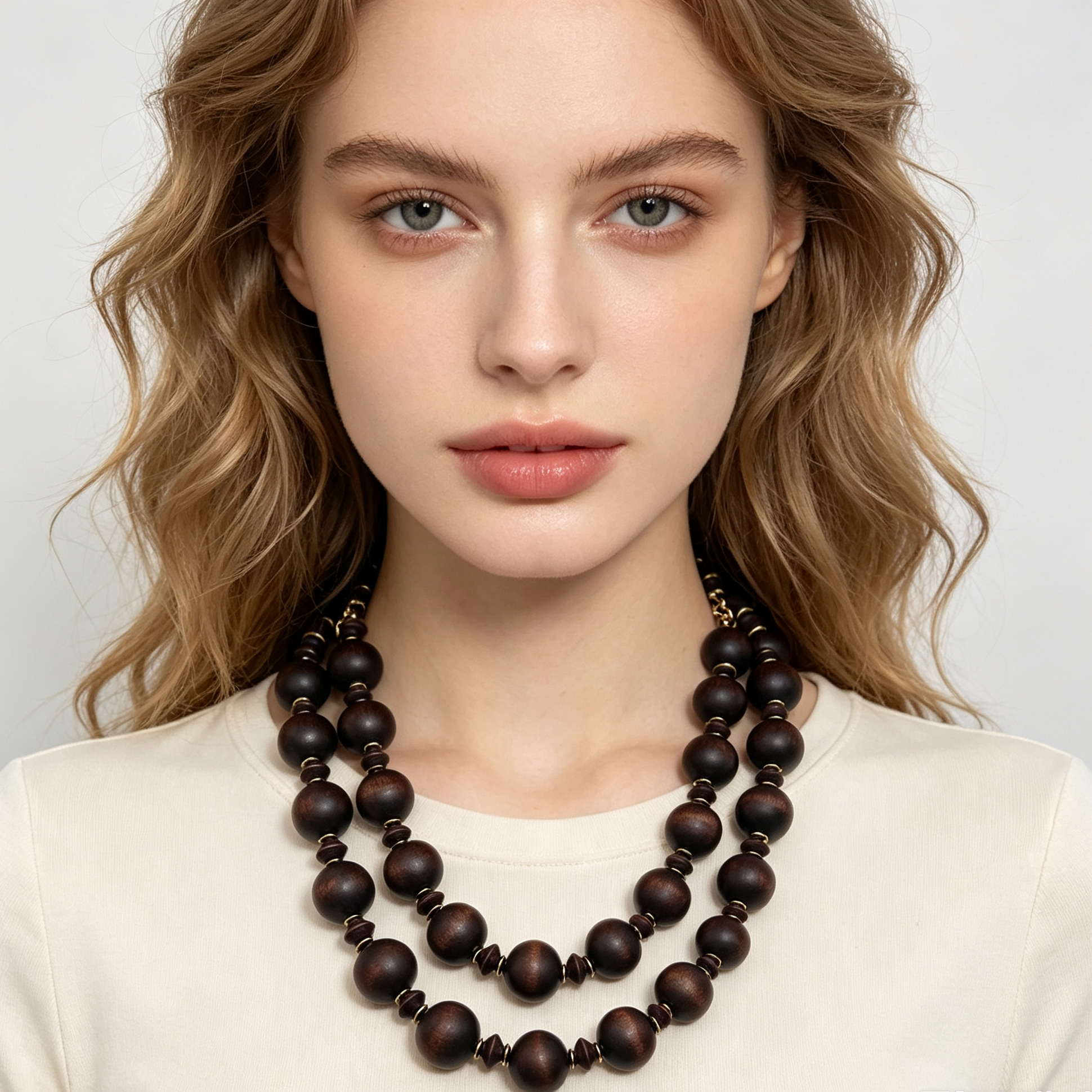 Collar largo doble capa con bolas de madera vintage, joyería étnica minimalista para mujer, suministro mayorista|JI JOYA