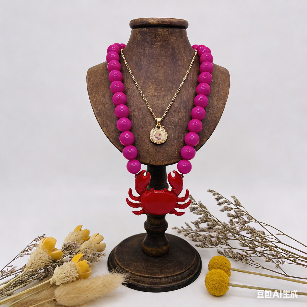 Collar de Moda con Cangrejo Rojo y Cuentas de Colores - Ideal para Looks Casuales