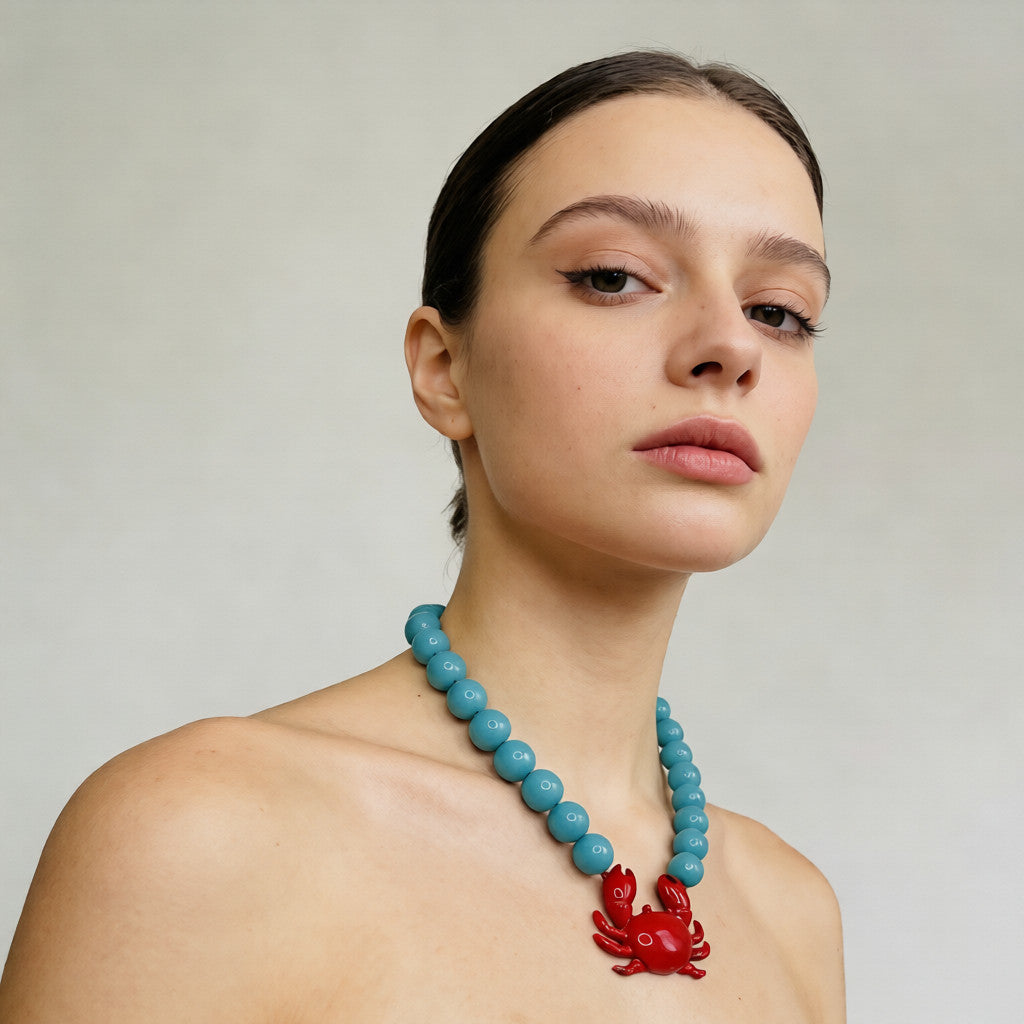 Collar de Moda con Cangrejo Rojo y Cuentas de Colores - Ideal para Looks Casuales