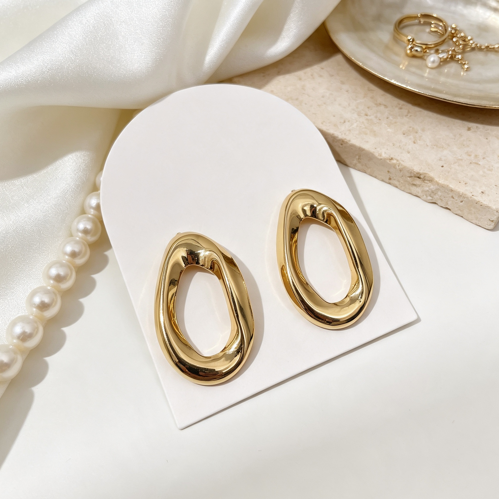 Pendientes Grandes de Aro Ovalado Irregular, Metal Brillante Dorado & Plata, Joyería al Por Mayor|JI JOYA