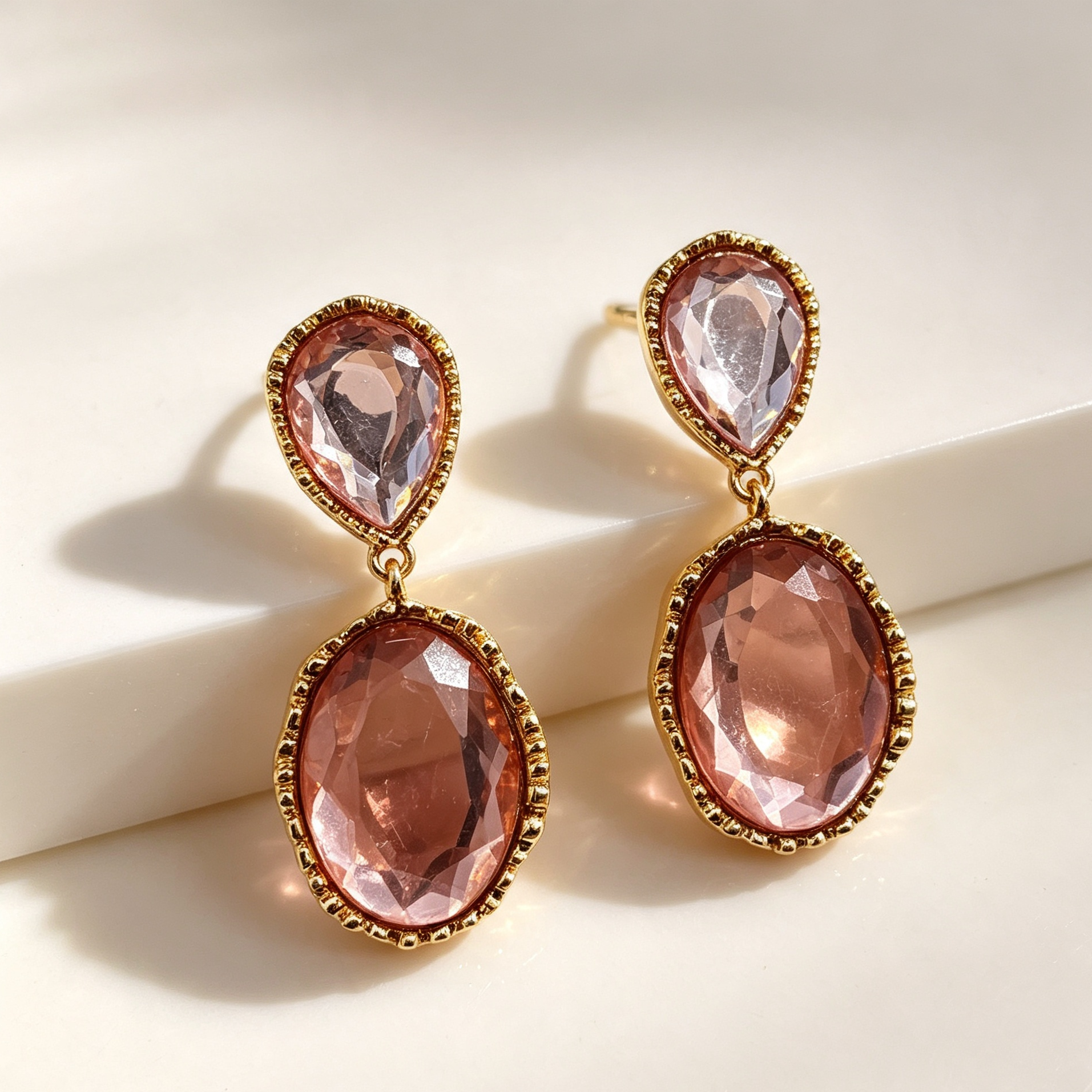 Pendientes largos con piedras cristal rosa, dorado vintage, mayorista joyería moda|JI JOYA