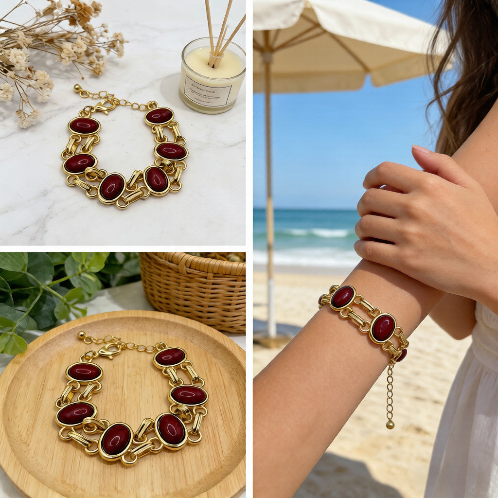 Conjunto de Joias de Corrente de Ouro com Pedras Ovais - Colar e Pulseira