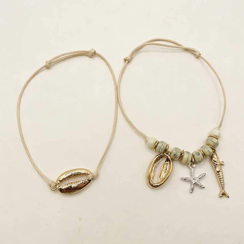 Pulsera de Cuerda con Concha, Estrella de Mar y Pez - Moda Boho para Mujer, Mayorista|JI JOYA