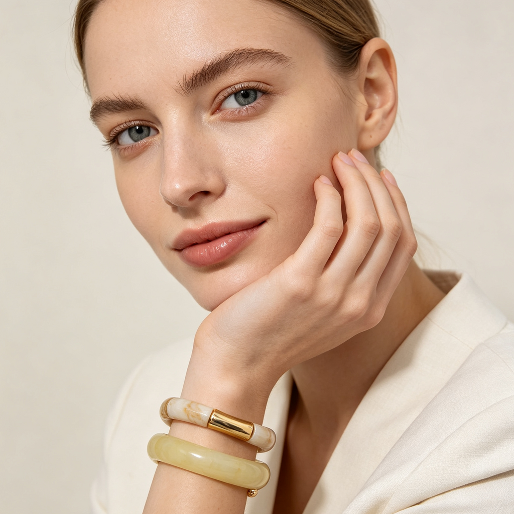 Juego de 2 Brazaletes Resina Efecto Jade Dorado, Pulseras Apilables para Mujer, Mayorista|JI JOYA