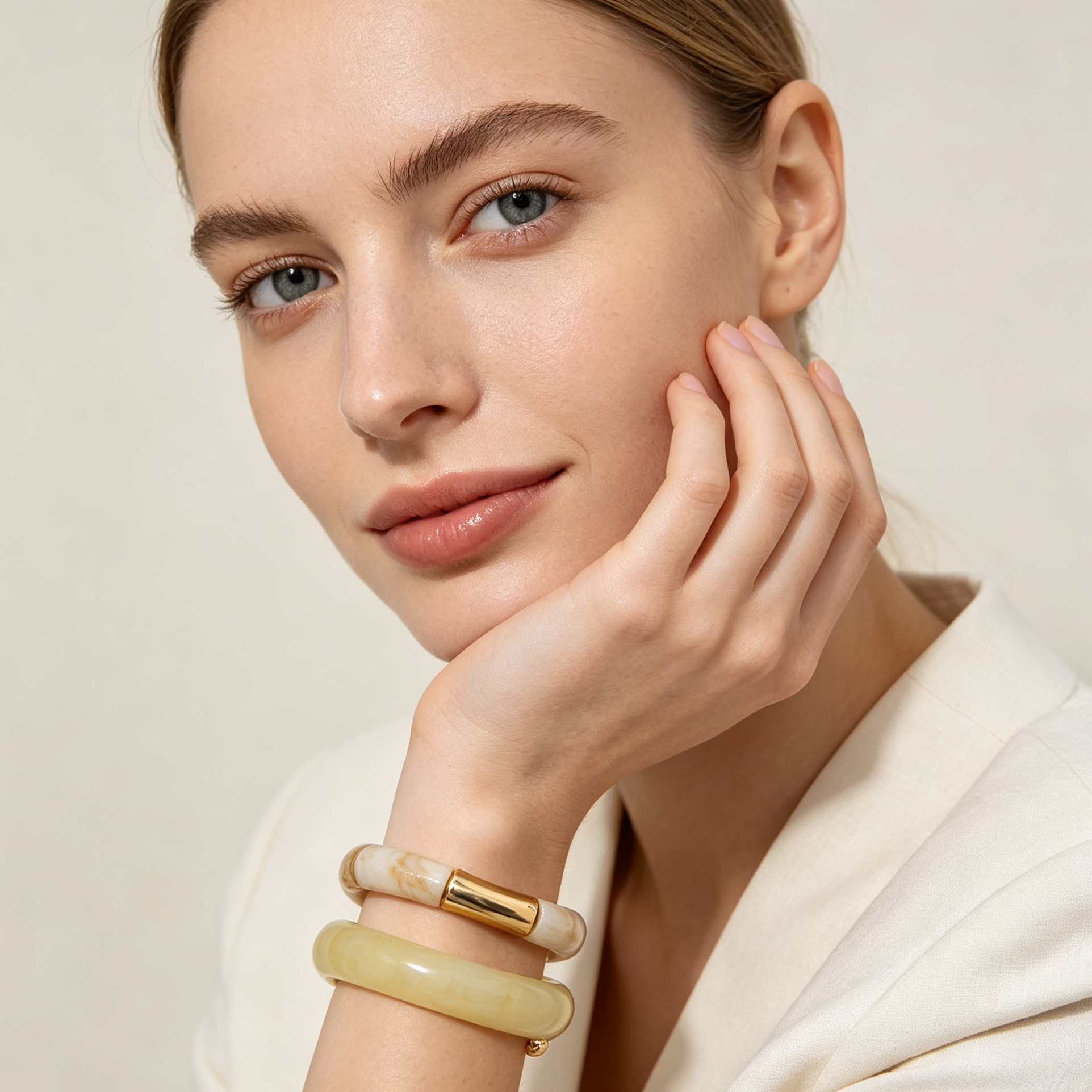 Juego de 2 Brazaletes Resina Efecto Jade Dorado, Pulseras Apilables para Mujer, Mayorista|JI JOYA