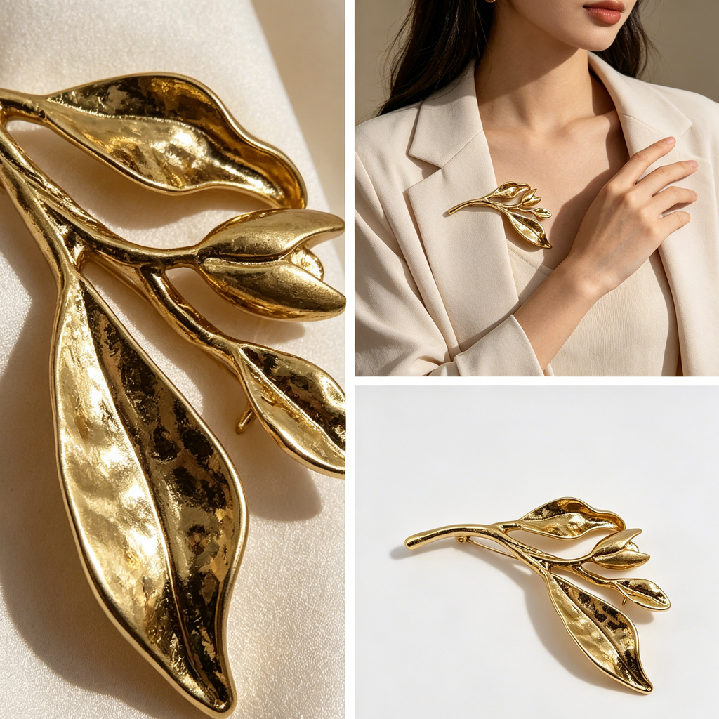 Broche Floral Dorado de Diseño Original, Accesorio de Ropa Elegante para Venta al Mayor|JI JOYA