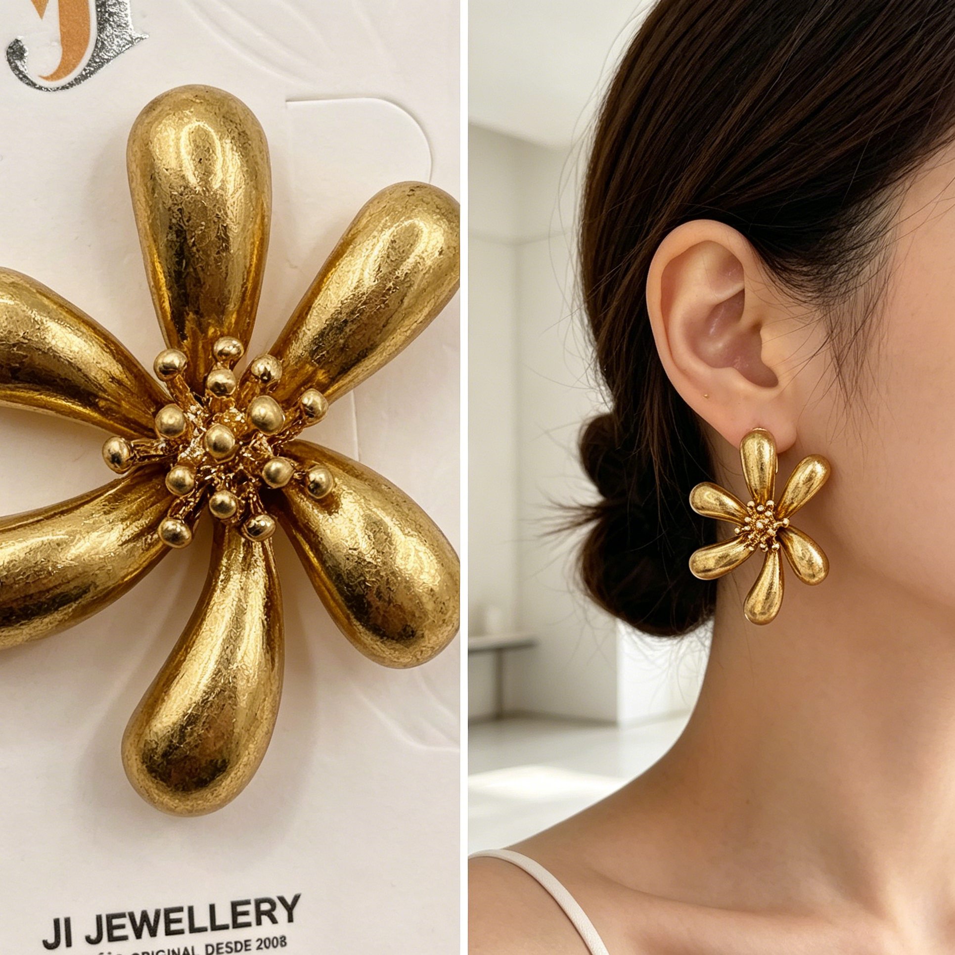 Pendientes Flor Dorada de Metal Mate | Joyería de Moda para Mujer, Estilo Minimalista y Elegante, Venta al Por Mayor|JI JOYA