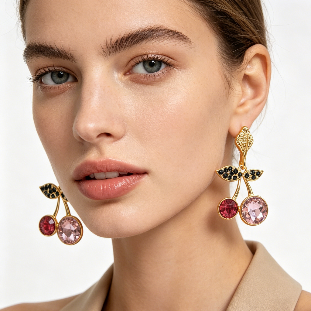 JI JOYA VENTA AL POR MAYOR|Pendientes Colgantes de Cerezo con Piedras Brillantes, Diseño de Fruta, Joyería Mayorista en Oro Rosa/Rojo para Mujer