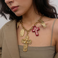 Collar religioso vintage bohemio | Gargantilla con dije de cruz gruesa de oro y plata