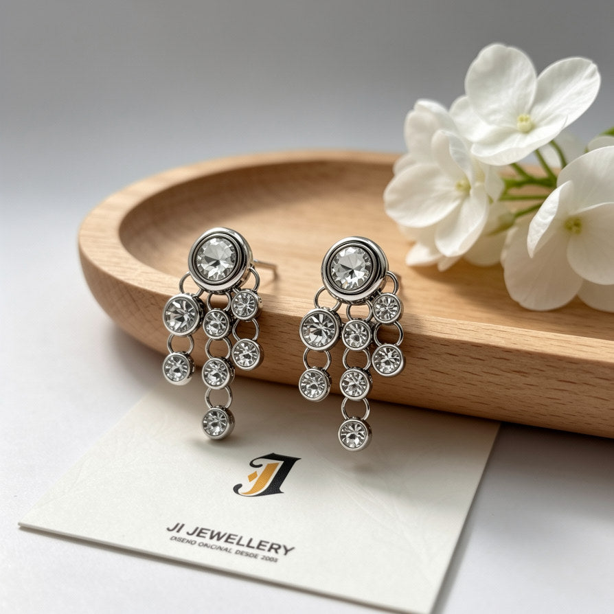 Pendientes Colgantes con Cristales de Lujo | Venta al Por Mayor | 2 Colores (Oro/Plata) | Diseño Exclusivo|JI JOYA