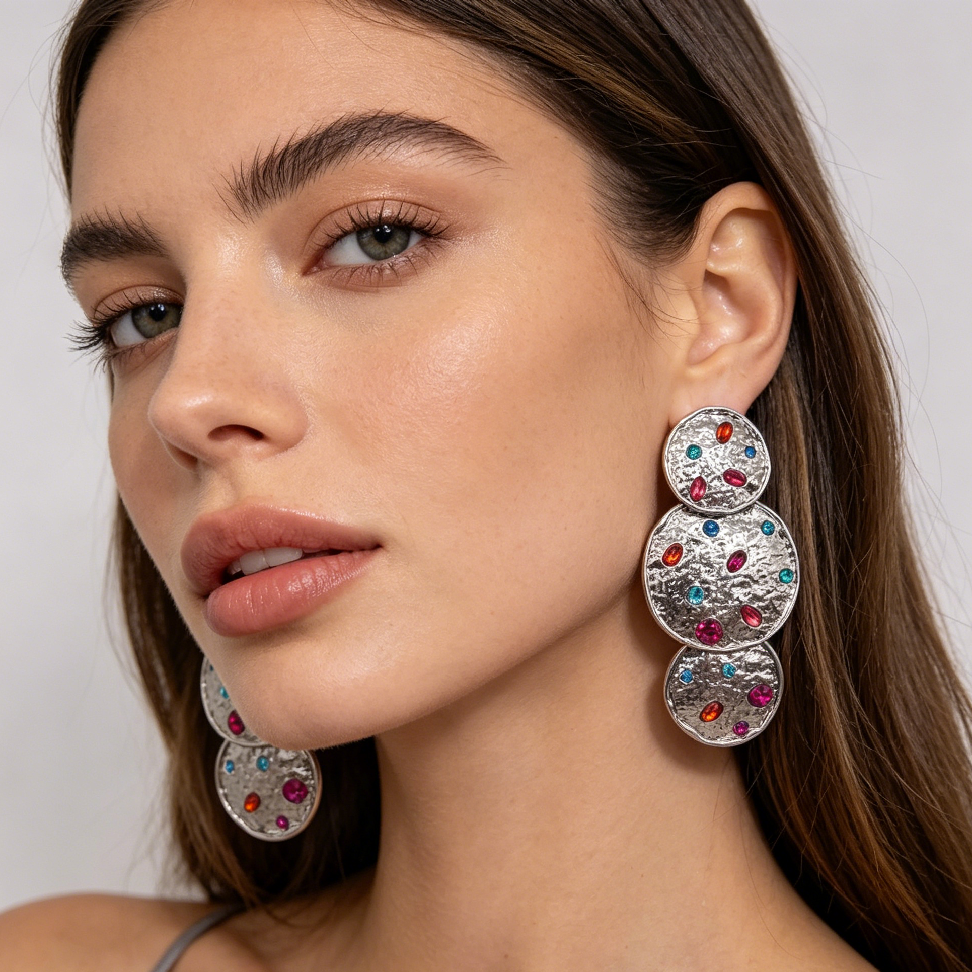 Pendientes Colgantes de 3 Discos con Cristales Multicolores, Diseño Martillado - Oro y Plata|JI JOYA
