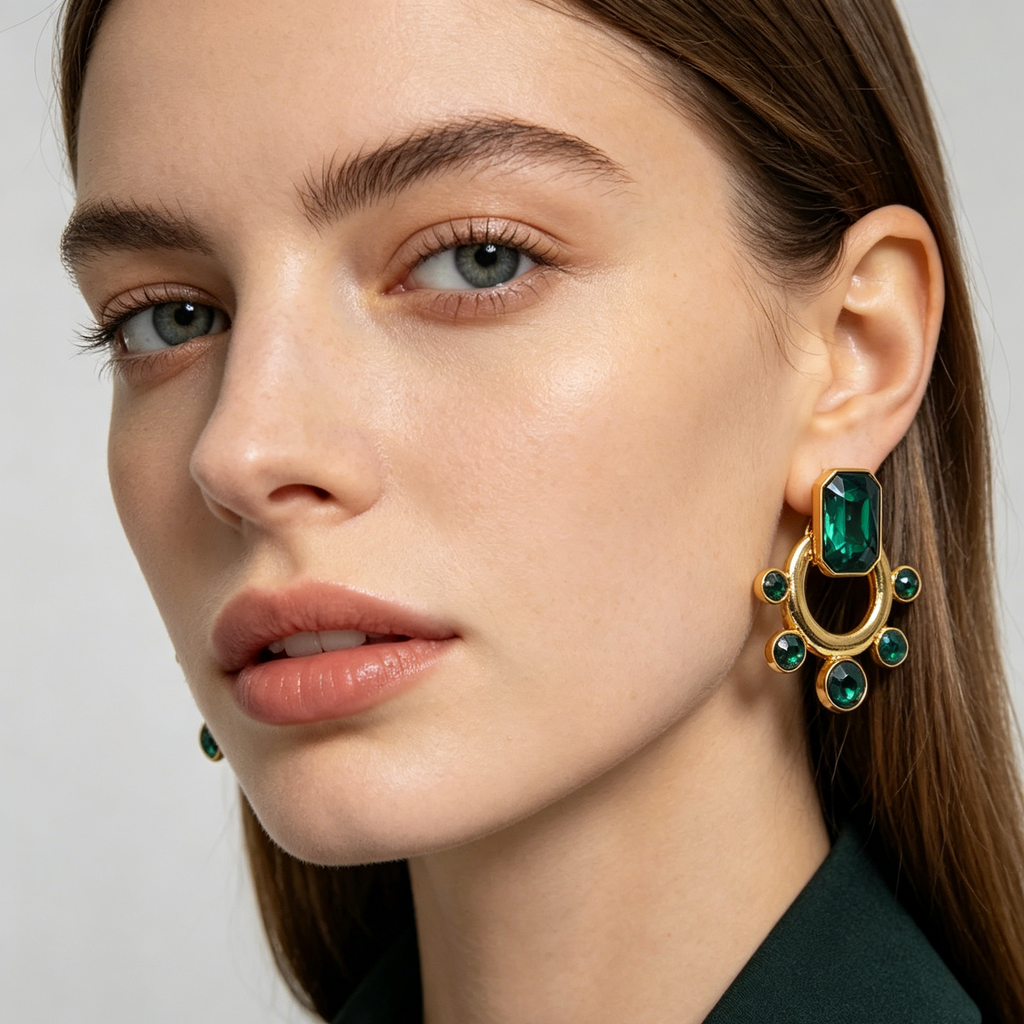 Pendientes Vintage Piedra Color Rubí Esmeralda Zafiro, Diseño Arco Dorado Metal Mayorista Joyería Moda Europea OEM ODM|JI JOYA