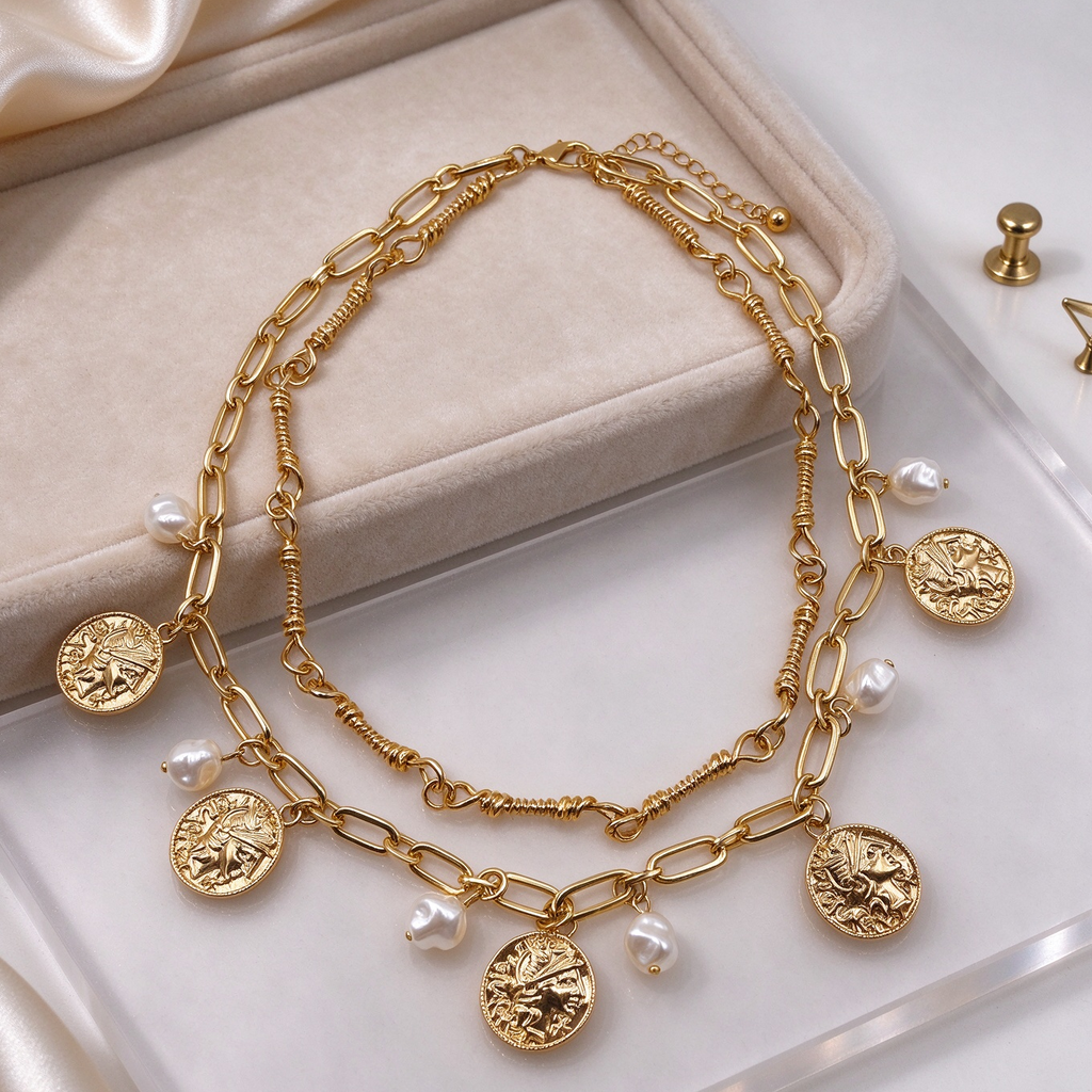 Collar Doble Capa con Monedas Vintage y Perlas, Joyería al por Mayor|JI JOYA