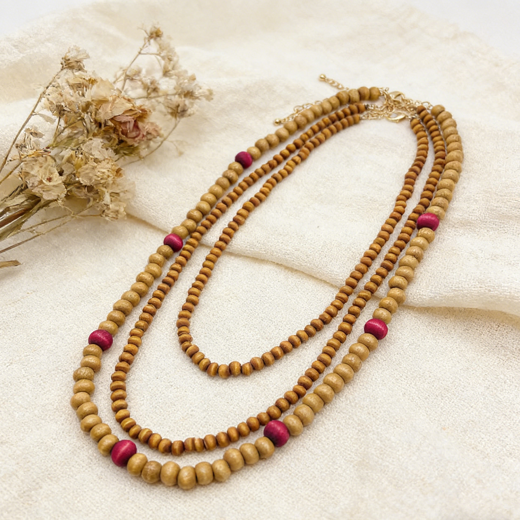 Collar bohemio de cuentas de madera multicapa con cuentas decorativas