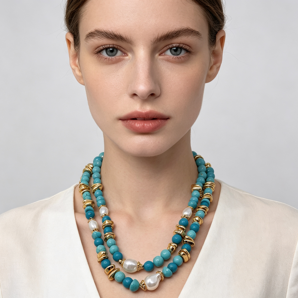 Collar doble combinado turquesa y perlas, collar de cuentas de piedras sintéticas para mujer, al por mayor|JI JOYA
